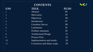 .
CONTENTS
S.NO TITLE PG.NO
1. Abstract 04
2. Motivation 05
3. Objectives 06
4. Introduction 07
5. Literature Survey 08
6. Limitations 18
7. Problem statement 20
8. Architectural Design 21
9. Process Flow 22
10. Implementation and results 24
11. Conclusion and future scope 28
3
 