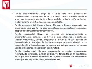 • Familia extramatrimonial (Surge de la unión libre entre personas no
matrimoniadas. Llamada concubinato o amasiato. A esta clase de familia se
le ampara legalmente mediante la figura mal denominada unión de hecho,
modernamente identificada como la unión estable).
• Familia monoparental (Llamada lineal. Algunos la llaman incompleta, sin
embargo, es claro que hoy no cabe duda alguna que una sola persona puede
adoptar o una mujer soltera inseminarse).
• Familia anaparental (Grupo de personas sin emparentamiento o
emparentamiento colateral que llevan a cabo relaciones de contenido
familiar. Convivencia, ayuda, integración y afecto es lo que permite su
desenvolvimiento. Por ejemplo, los hermanos que se quedan viviendo en la
casa de familia o los amigos que comparten una vida por razones de trabajo
siendo compañeros de habitación (roommates).
• Familia pluriparental (Llamada ensamblada, agregada, recompuesta,
reconstituida o mosaico. También stepfamily o familiastra. Es en esta familia
en la que uno o ambos miembros de la pareja tuvieron un compromiso
previo (casado, separado, viudo, conviviente, etc.).
 