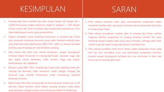 KESIMPULAN
sangat berpengaruh
Semakin tinggi nilai
tinggi pula tingkat
1. Simpang tiga Cisaat memiliki tipe jalan dengan lengan 322 dengan DS =
1,0228 menunjukan tingkat pelayanan tingkat E (kategori < 1,00) dengan
kondisi volume lalu lintas mendekati atau berada pada kapasitasnya. Arus
tidak stabil dengan kondisi yang sering terhenti.
2. Adapun penyebab utama terjadinya kemacetan di simpang tiga Cisaat
yaitu komposisi kendaraan bermotor yang sudah melewati ambang batas
yang telah ditentukan berdasarkan MKJI 1997, selain itu adanya sejumlah
aktifitas yang mempengaruhi nilai hambatan samping.
3. Nilai volume lalu lintas atau volume kendaraan,
terhadap tingkat kemacetan di simpang tiga Cisaat.
atau angka volume kendaraan, maka semakin
kemacetannya, dan sebaliknya.
4. Mengacu pada MKJI 1997, simpang tiga Cisaat yang tergolong pada poin
simpang tak bersinyal, tidak memenuhi syarat sebagai simpang tak
bersinyal yang memiliki kemampuan untuk menampung sejumlah
kendaraan tertentu.
5. Nilai tundaan lalu lintas simpang tiga tak bersinyal pasar Cisaat yaitu 11,42
det/smp. Dapat diartikan untuk melalui simpang tersebut, maka waktu
yang diperlukan sebagai tundaan antar kendaraan adalah 11,42 det/smp.
SARAN
1. Perlu adanya perluasan jalan yang memungkinkan pengendara dapat
menikmati fasilitas jalan raya tanpa hambatan berupa kemacetan lalu lintas
di simpang tiga Cisaat.
2. Perlu adanya peningkatan kualitas jalan di simpang tiga Cisaat, melihat
tingginya aktifitas pengendara di simpang tersebut, peneliti fikir perlu
diimbangi dengan kualitas jalan yang cukup memadai, sehingga jalan tidak
mudah rusak dan dapat mengurangi frekuensi perbaikannya.
3. Perlu adanya penelitian lebih lanjut terkait jumlah pengendara motor yang
kian hari kian meningkat, tentu saja keberadaan pengendara bermotor
tersebut sangat berpengaruh terhadap laju arus kendaraan di jalan raya
khususnya di simpang tiga Cisaat.
 