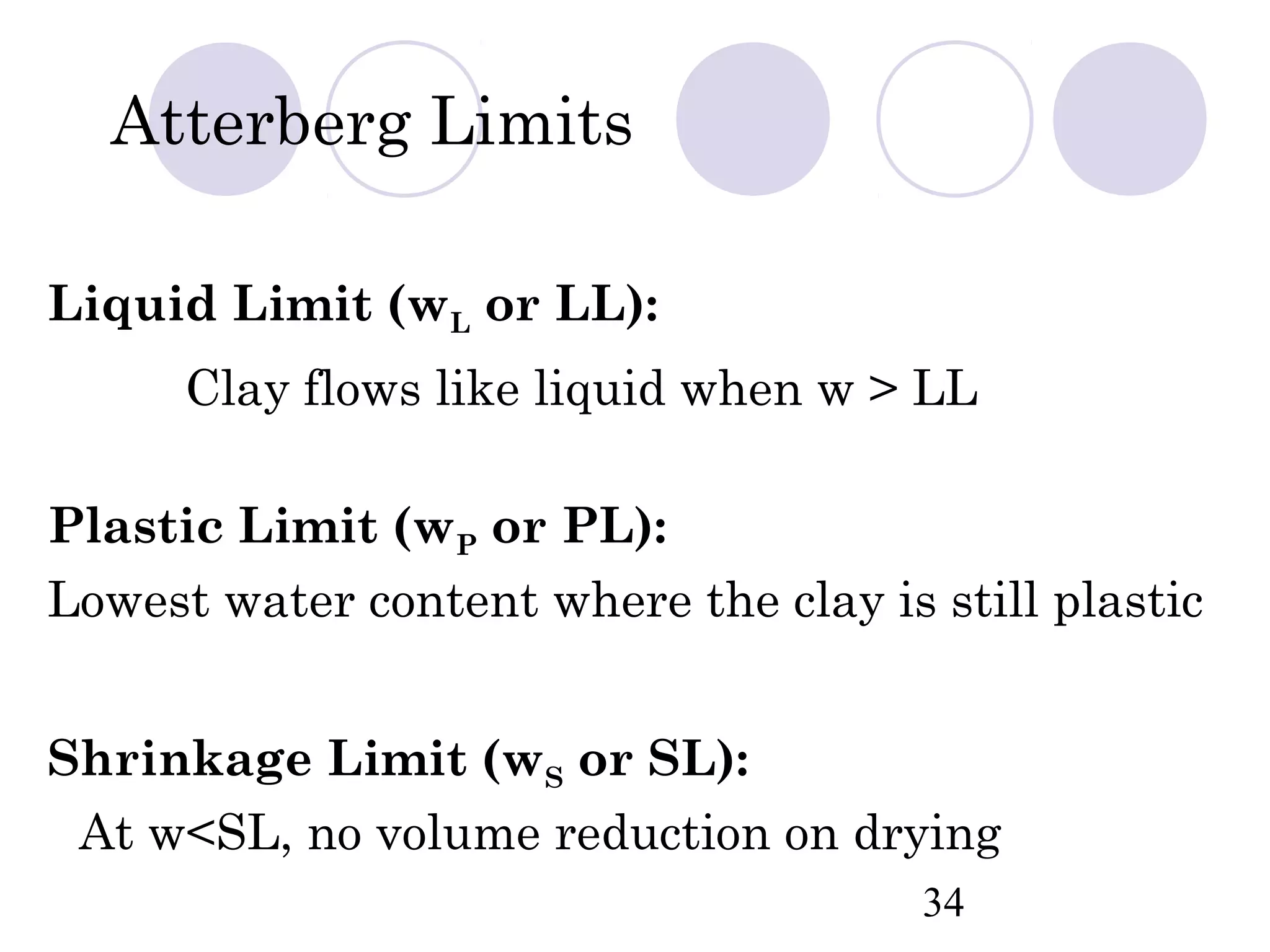Atterberg Limits

Liquid Limit (wL or LL):
      Clay flows like liquid when w > LL

Plastic Limit (wP or PL):
Lowest water content where the clay is still plastic


Shrinkage Limit (wS or SL):
 At w<SL, no volume reduction on drying
                                       34
 