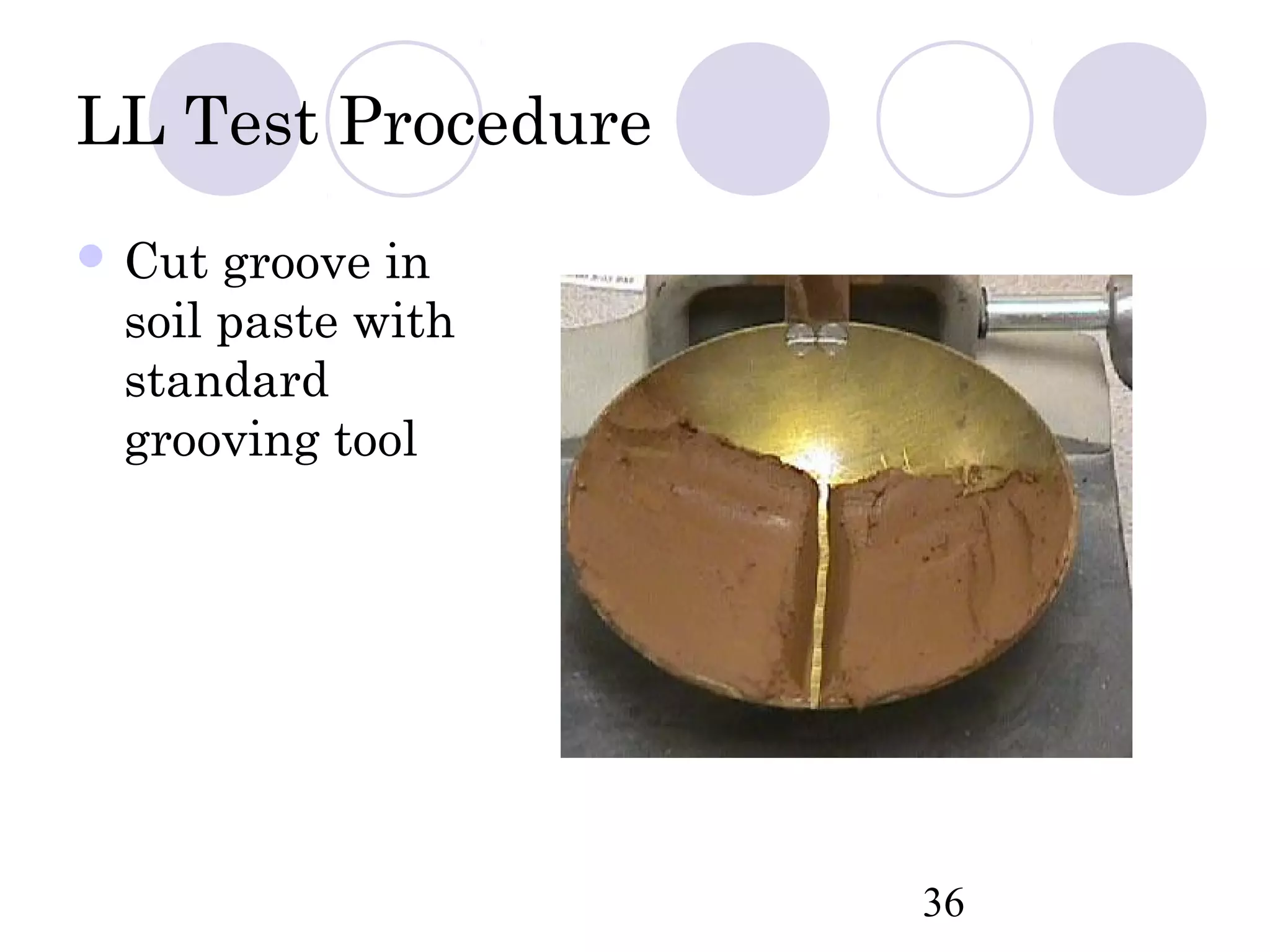 LL Test Procedure
 Cut groove in
 soil paste with
 standard
 grooving tool




                    36
 