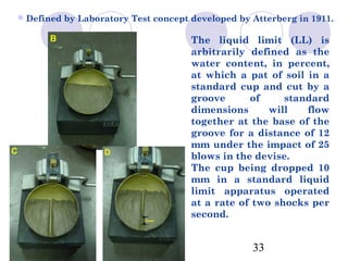 Defined by Laboratory Test concept developed by Atterberg in 1911.

                                    The liquid limit (LL) is
                                    arbitrarily defined as the
                                    water content, in percent,
                                    at which a pat of soil in a
                                    standard cup and cut by a
                                    groove      of     standard
                                    dimensions      will   flow
                                    together at the base of the
                                    groove for a distance of 12
                                    mm under the impact of 25
                                    blows in the devise.
                                    The cup being dropped 10
                                    mm in a standard liquid
                                    limit apparatus operated
                                    at a rate of two shocks per
                                    second.


                                                 33
 