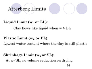 Atterberg Limits

Liquid Limit (wL or LL):
      Clay flows like liquid when w > LL

Plastic Limit (wP or PL):
Lowest water content where the clay is still plastic


Shrinkage Limit (wS or SL):
 At w<SL, no volume reduction on drying
                                       34
 