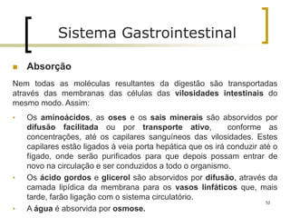  Absorção
Nem todas as moléculas resultantes da digestão são transportadas
através das membranas das células das vilosidades intestinais do
mesmo modo. Assim:
• Os aminoácidos, as oses e os sais minerais são absorvidos por
difusão facilitada ou por transporte ativo, conforme as
concentrações, até os capilares sanguíneos das vilosidades. Estes
capilares estão ligados à veia porta hepática que os irá conduzir até o
fígado, onde serão purificados para que depois possam entrar de
novo na circulação e ser conduzidos a todo o organismo.
• Os ácido gordos e glicerol são absorvidos por difusão, através da
camada lipídica da membrana para os vasos linfáticos que, mais
tarde, farão ligação com o sistema circulatório.
• A água é absorvida por osmose.
52
Sistema Gastrointestinal
 