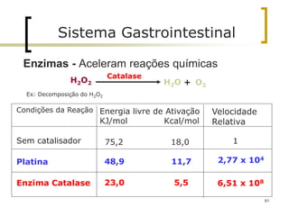 61
Sistema Gastrointestinal
Enzimas - Aceleram reações químicas
Ex: Decomposição do H2O2
Condições da Reação Energia livre de Ativação
KJ/mol Kcal/mol
Velocidade
Relativa
Sem catalisador
Platina
Enzima Catalase
75,2 18,0
48,9 11,7
23,0 5,5
1
2,77 x 104
6,51 x 108
H2O2 H2O O2
+
Catalase
 