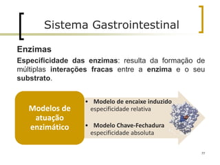 77
Sistema Gastrointestinal
Enzimas
Especificidade das enzimas: resulta da formação de
múltiplas interações fracas entre a enzima e o seu
substrato.
• Modelo de encaixe induzido
especificidade relativa
• Modelo Chave-Fechadura
especificidade absoluta
Modelos de
atuação
enzimático
 