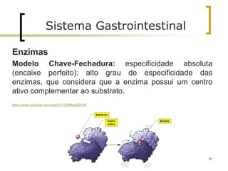 81
Sistema Gastrointestinal
Enzimas
Modelo Chave-Fechadura: especificidade absoluta
(encaixe perfeito): alto grau de especificidade das
enzimas, que considera que a enzima possui um centro
ativo complementar ao substrato.
https://www.youtube.com/watch?v=EiMBsgNZh-M
 