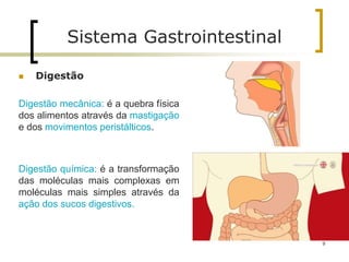 Sistema Gastrointestinal
 Digestão
Digestão mecânica: é a quebra física
dos alimentos através da mastigação
e dos movimentos peristálticos.
Digestão química: é a transformação
das moléculas mais complexas em
moléculas mais simples através da
ação dos sucos digestivos.
9
 