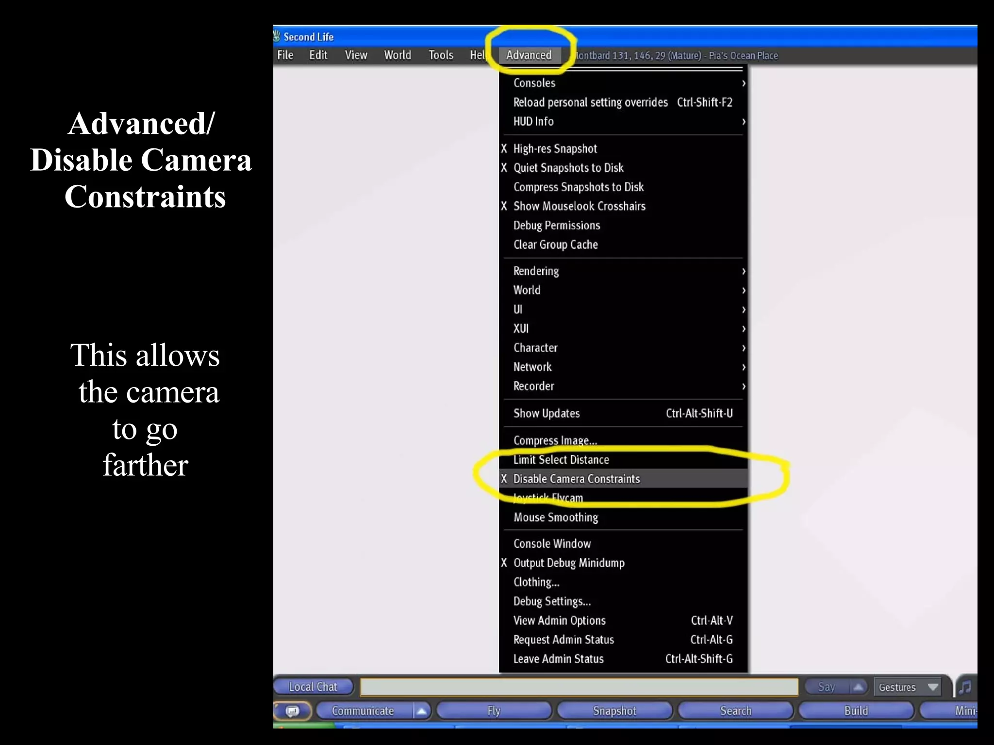 Advanced/  Disable Camera  Constraints This allows the camera to go farther 