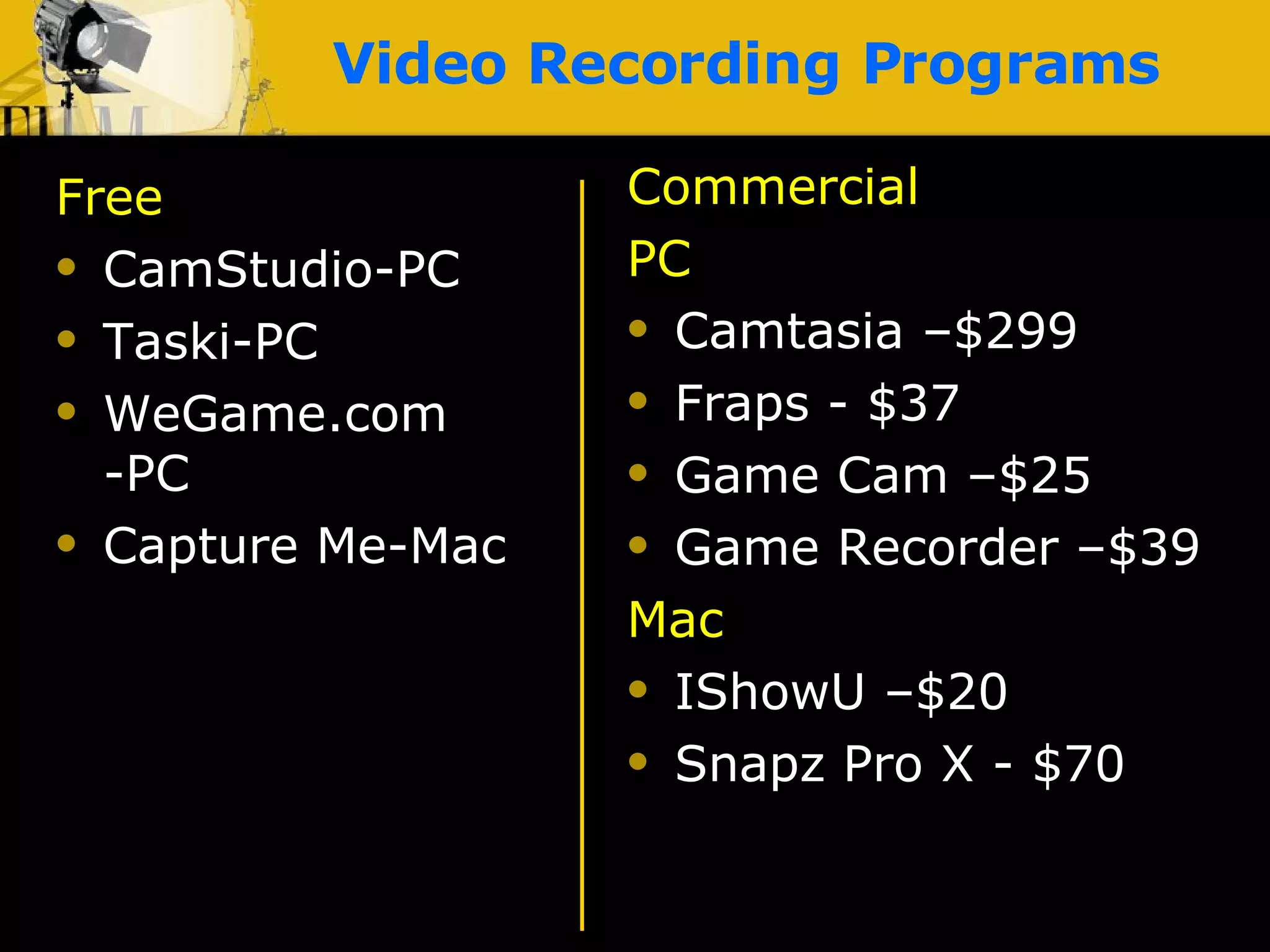Video Recording Programs Free CamStudio-PC Taski-PC WeGame.com -PC Capture Me-Mac Commercial PC Camtasia –$299 Fraps - $37 Game Cam –$25 Game Recorder –$39 Mac IShowU –$20 Snapz Pro X - $70 