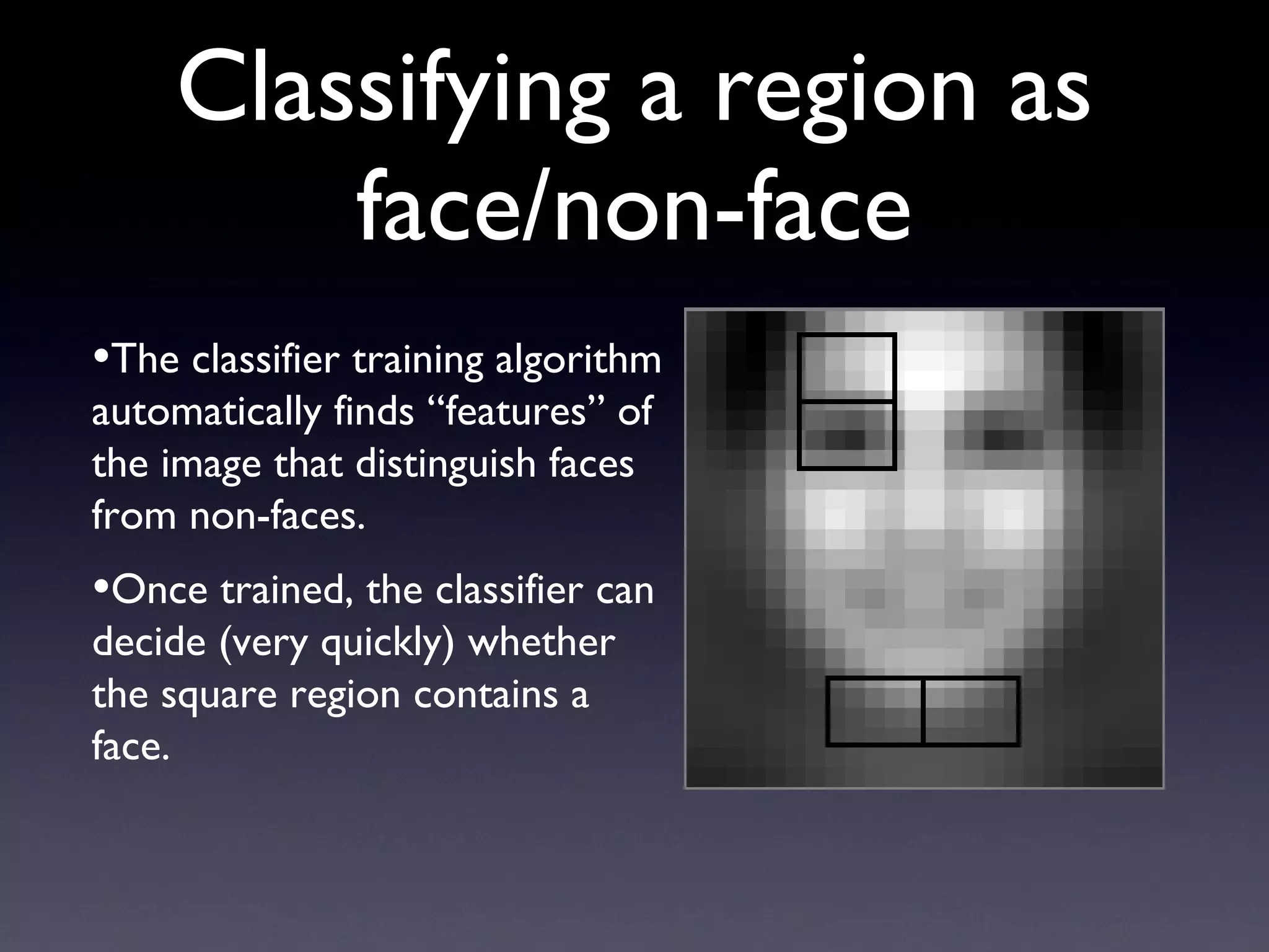 Classifying a region as face/non-face The classifier training algorithm automatically finds “features” of the image that distinguish faces from non-faces. Once trained, the classifier can decide (very quickly) whether the square region contains a face. 
