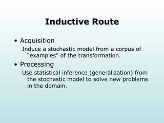 Inductive Route Acquisition Induce a stochastic model from a corpus of “examples” of the transformation. Processing Use statistical inference (generalization) from the stochastic model to solve new problems in the domain. 