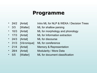 Programme 24/2  [Antal]  Intro ML for NLP & WEKA / Decision Trees 3/3  [Walter]  ML for shallow parsing 10/3  [Antal]  ML for morphology and phonology 17/3  [Antal]  ML for Information extraction 24/3  [Antal]  ML for discourse 31/3  [V éronique ]  ML for coreference  21/4  [Antal]  Memory & Representation 28/4  [Antal]  Modularity / More Data 5/5  [Walter]  ML for document classification 