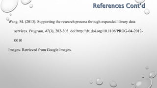 14
Wang, M. (2013). Supporting the research process through expanded library data
services. Program, 47(3), 282-303. doi:http://dx.doi.org/10.1108/PROG-04-2012-
0010
Images- Retrieved from Google Images.
 