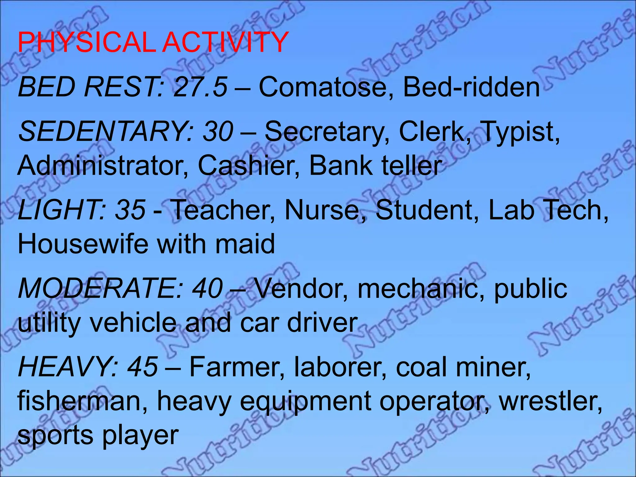 PHYSICAL ACTIVITY
BED REST: 27.5 – Comatose, Bed-ridden
SEDENTARY: 30 – Secretary, Clerk, Typist,
Administrator, Cashier, Bank teller
LIGHT: 35 - Teacher, Nurse, Student, Lab Tech,
Housewife with maid
MODERATE: 40 – Vendor, mechanic, public
utility vehicle and car driver
HEAVY: 45 – Farmer, laborer, coal miner,
fisherman, heavy equipment operator, wrestler,
sports player
 