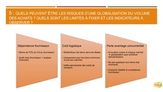 5 : QUELS PEUVENT ÊTRE LES RISQUES D’UNE GLOBALISATION DU VOLUME
DES ACHATS ? QUELS SONT LES LIMITES À FIXER ET LES INDICATEURS À
OBSERVER ?
Dépendance fournisseur
• Moins de 70% du CA du fournisseur
• Audit chez fournisseur + analyse
financière
Coût logistique
• Redistribuer les biens dans les filiales
• Uniquement pour les biens communs
à tous les marchés
• Veille permanente des coûts de
transport
Perte avantage concurrentiel
• Innovation propre à chaque marché
 globalisation peut entraîner
standardisation
• Ne pas appliquer aux biens trop
innovants
• S’assurer fiabilité et compétence
fournisseur
 