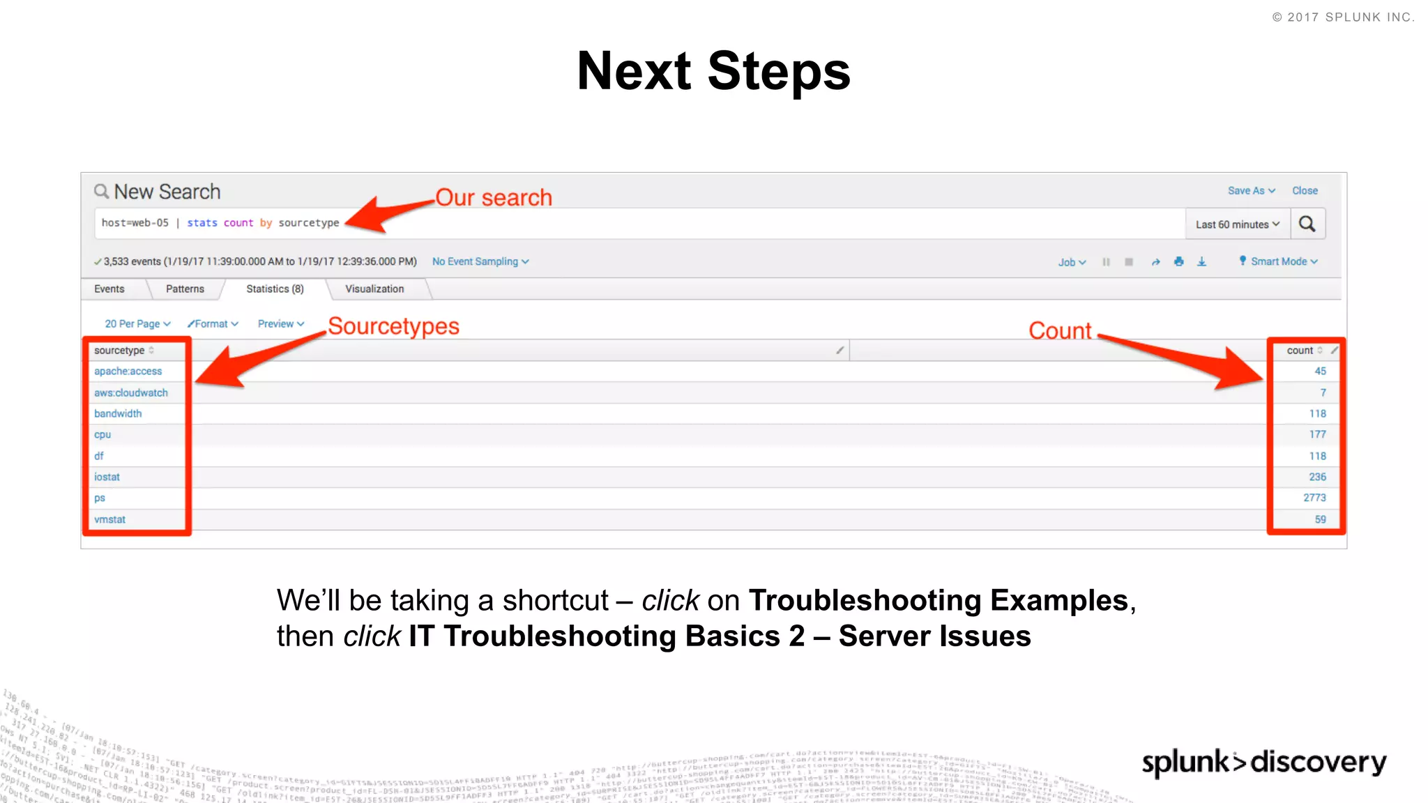 © 2017 SPLUNK INC.
Next Steps
We’ll be taking a shortcut – click on Troubleshooting Examples,
then click IT Troubleshooting Basics 2 – Server Issues
 