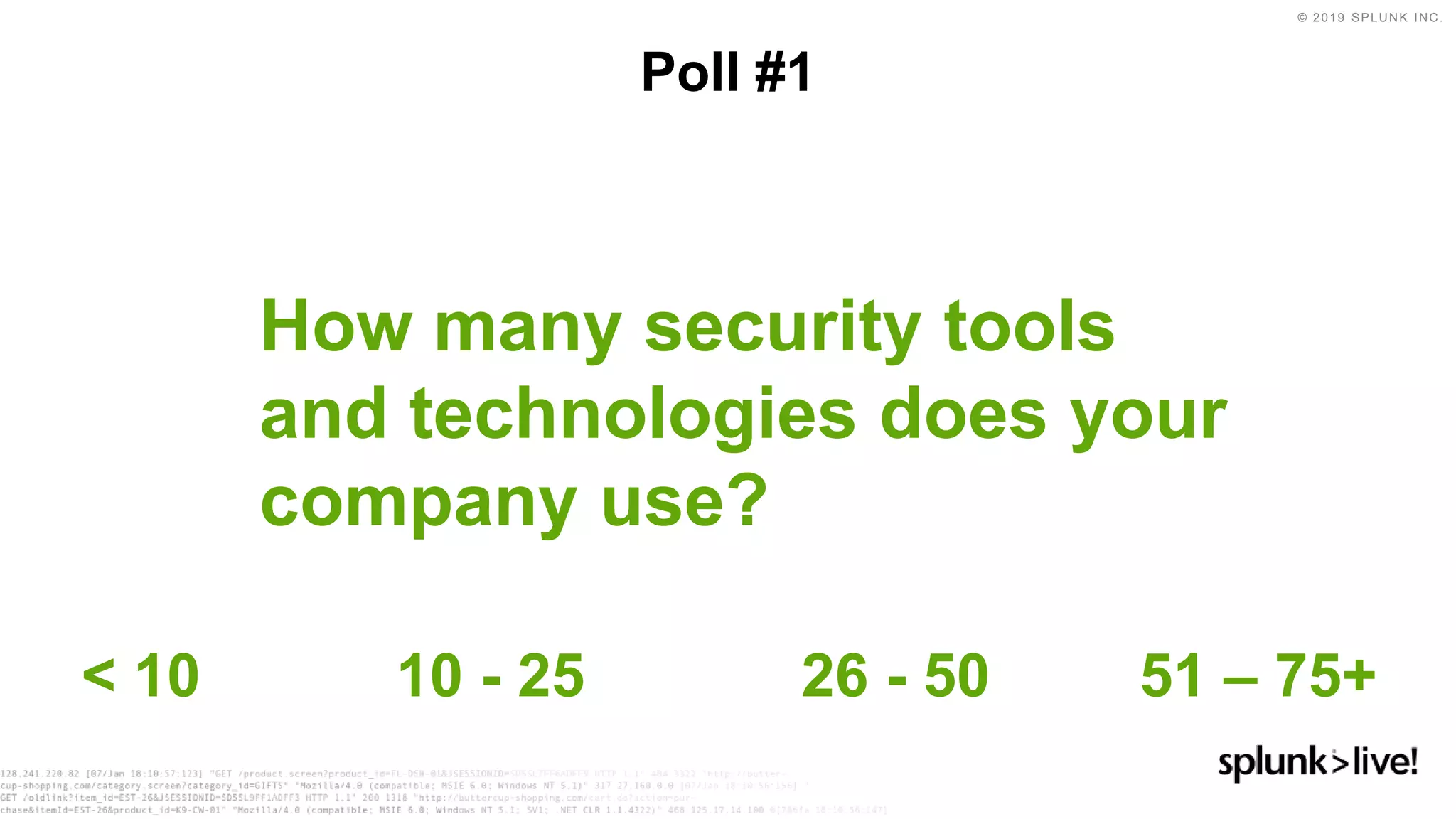 © 2019 SPLUNK INC.
How many security tools
and technologies does your
company use?
Poll #1
< 10 10 - 25 26 - 50 51 – 75+
 