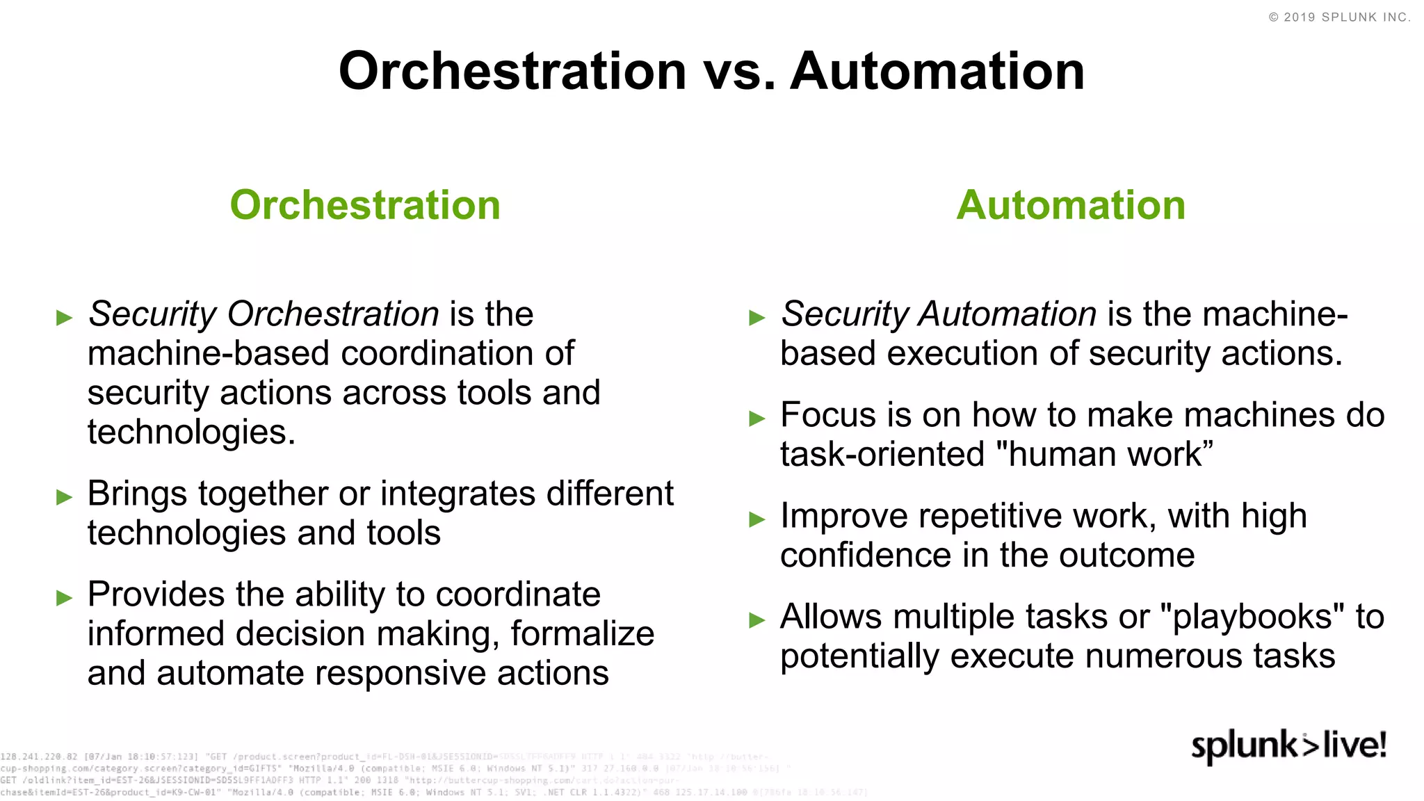 © 2019 SPLUNK INC.
Orchestration
► Security Orchestration is the
machine-based coordination of
security actions across tools and
technologies.
► Brings together or integrates different
technologies and tools
► Provides the ability to coordinate
informed decision making, formalize
and automate responsive actions
Automation
► Security Automation is the machine-
based execution of security actions.
► Focus is on how to make machines do
task-oriented "human work”
► Improve repetitive work, with high
confidence in the outcome
► Allows multiple tasks or "playbooks" to
potentially execute numerous tasks
Orchestration vs. Automation
 