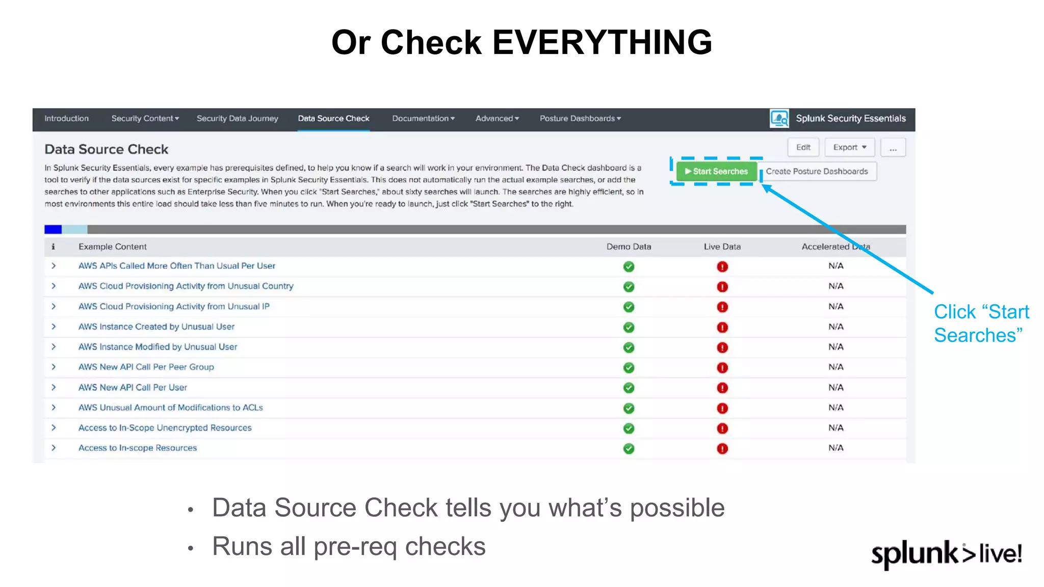 • Data Source Check tells you what’s possible
• Runs all pre-req checks
Or Check EVERYTHING
Click “Start
Searches”
 
