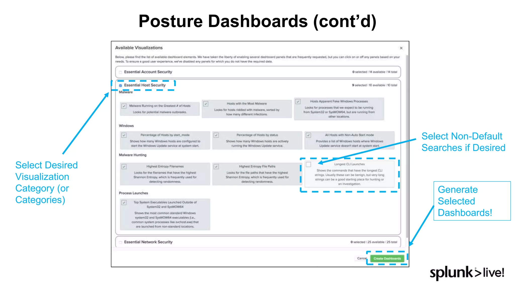 Posture Dashboards (cont’d)
Select Desired
Visualization
Category (or
Categories)
Select Non-Default
Searches if Desired
Generate
Selected
Dashboards!
 