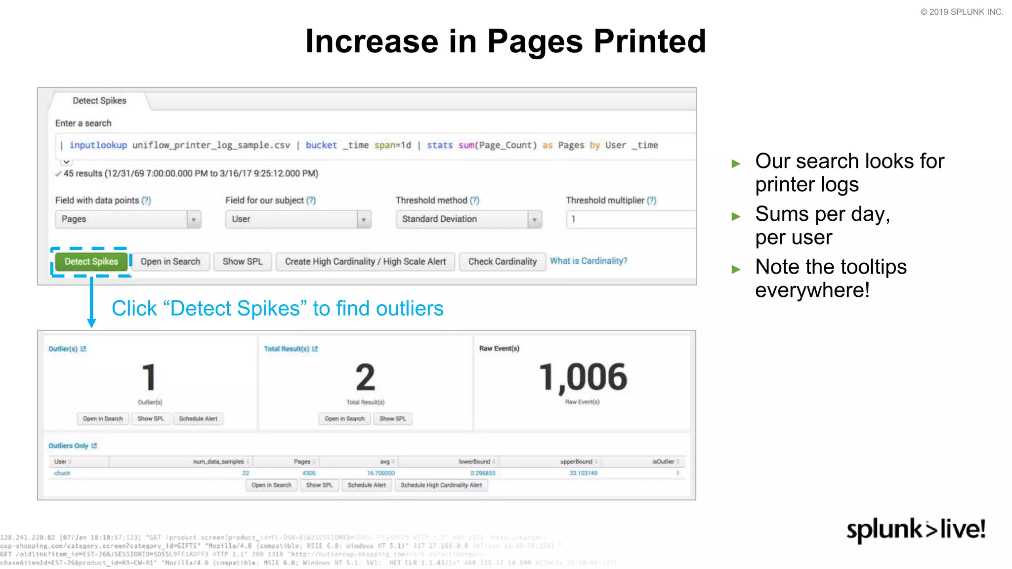 © 2019 SPLUNK INC.
● Our search looks for printer logs
● Sums per day, per user
● Note the tooltips everywhere!
Increase in Pages Printed
► Our search looks for
printer logs
► Sums per day,
per user
► Note the tooltips
everywhere!
Click “Detect Spikes” to find outliers
 