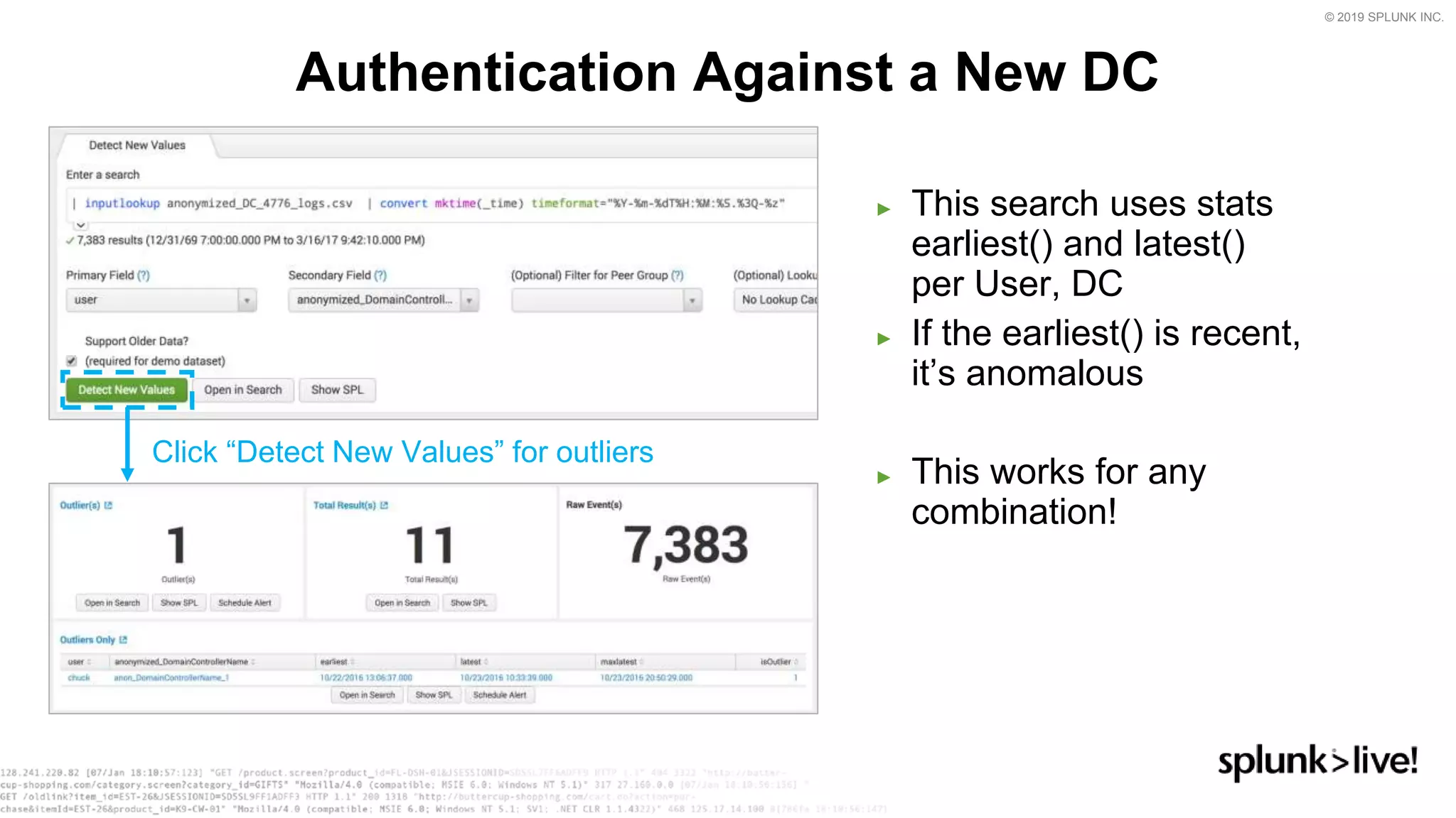 © 2019 SPLUNK INC.
► This search uses stats
earliest() and latest()
per User, DC
► If the earliest() is recent,
it’s anomalous
► This works for any
combination!
Authentication Against a New DC
Click “Detect New Values” for outliers
 