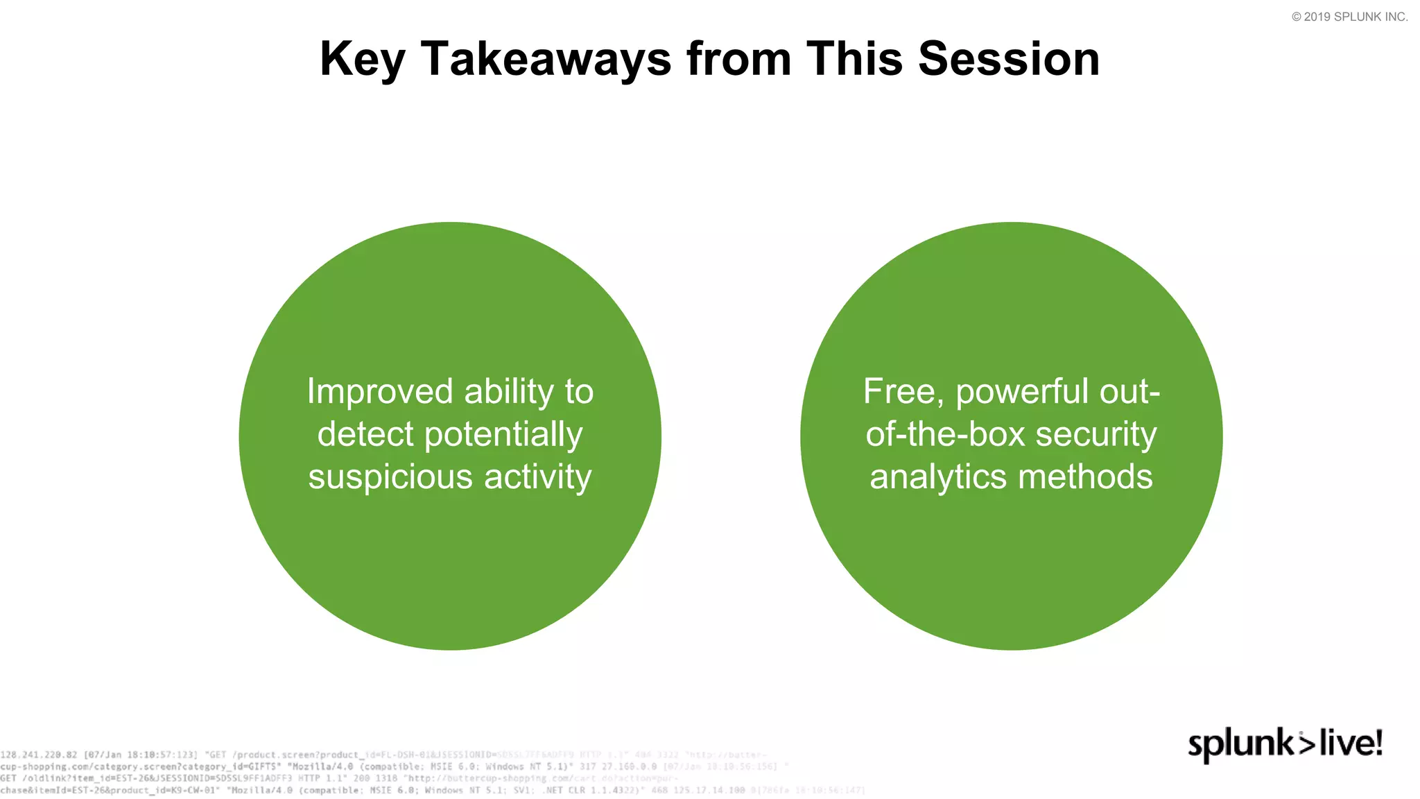 © 2019 SPLUNK INC.
Key Takeaways from This Session
Improved ability to
detect potentially
suspicious activity
Free, powerful out-
of-the-box security
analytics methods
 