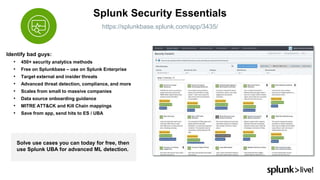 Identify bad guys:
• 450+ security analytics methods
• Free on Splunkbase – use on Splunk Enterprise
• Target external and insider threats
• Advanced threat detection, compliance, and more
• Scales from small to massive companies
• Data source onboarding guidance
• MITRE ATT&CK and Kill Chain mappings
• Save from app, send hits to ES / UBA
Splunk Security Essentials
https://splunkbase.splunk.com/app/3435/
Solve use cases you can today for free, then
use Splunk UBA for advanced ML detection.
 