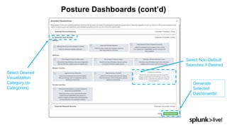 Posture Dashboards (cont’d)
Select Desired
Visualization
Category (or
Categories)
Select Non-Default
Searches if Desired
Generate
Selected
Dashboards!
 
