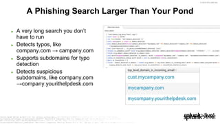 © 2019 SPLUNK INC.
► A very long search you don’t
have to run
► Detects typos, like
company.com → campany.com
► Supports subdomains for typo
detection
► Detects suspicious
subdomains, like company.com
→company.yourithelpdesk.com
A Phishing Search Larger Than Your Pond
 