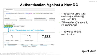 © 2019 SPLUNK INC.
► This search uses stats
earliest() and latest()
per User, DC
► If the earliest() is recent,
it’s anomalous
► This works for any
combination!
Authentication Against a New DC
Click “Detect New Values” for outliers
 