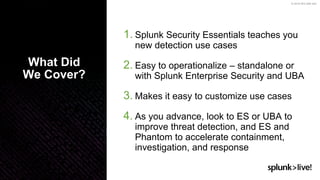 © 2019 SPLUNK INC.
1. Splunk Security Essentials teaches you
new detection use cases
2. Easy to operationalize – standalone or
with Splunk Enterprise Security and UBA
3. Makes it easy to customize use cases
4. As you advance, look to ES or UBA to
improve threat detection, and ES and
Phantom to accelerate containment,
investigation, and response
What Did
We Cover?
 