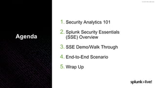 © 2019 SPLUNK INC.
1. Security Analytics 101
2. Splunk Security Essentials
(SSE) Overview
3. SSE Demo/Walk Through
4. End-to-End Scenario
5. Wrap Up
Agenda
 