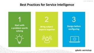 © 2017 SPLUNK INC.
Bring subject
experts together
Design before
configuring
Best Practices for Service Intelligence
Start with
a problem worth
solving
1 2 3
 