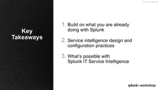 © 2017 SPLUNK INC.
1. Build on what you are already
doing with Splunk
2. Service intelligence design and
configuration practices
3. What’s possible with
Splunk IT Service Intelligence
Key
Takeaways
 