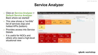 © 2017 SPLUNK INC.
▶ Click on Service Analyzer >
Default Service Analyzer
Back where we started!
▶ This view shows a “no-frills”
list of services (top) and
hottest KPIs (bottom)
▶ Provides access into Service
Details
▶ It is useful for NOCs and
others who need a high-level
situational view
Service Analyzer
 