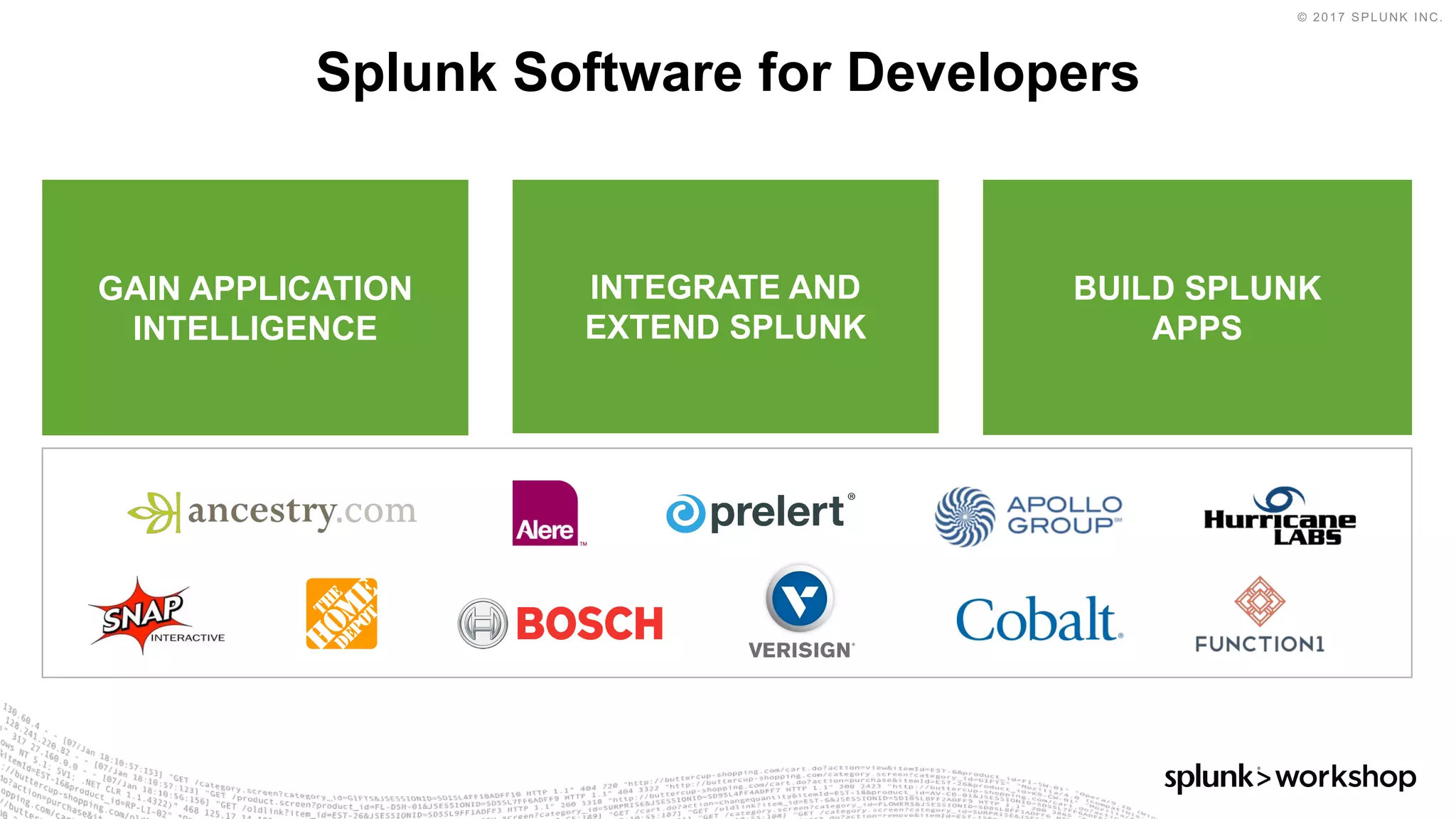 © 2017 SPLUNK INC.
Splunk Software for Developers
GAIN APPLICATION
INTELLIGENCE
INTEGRATE AND
EXTEND SPLUNK
BUILD SPLUNK
APPS
 
