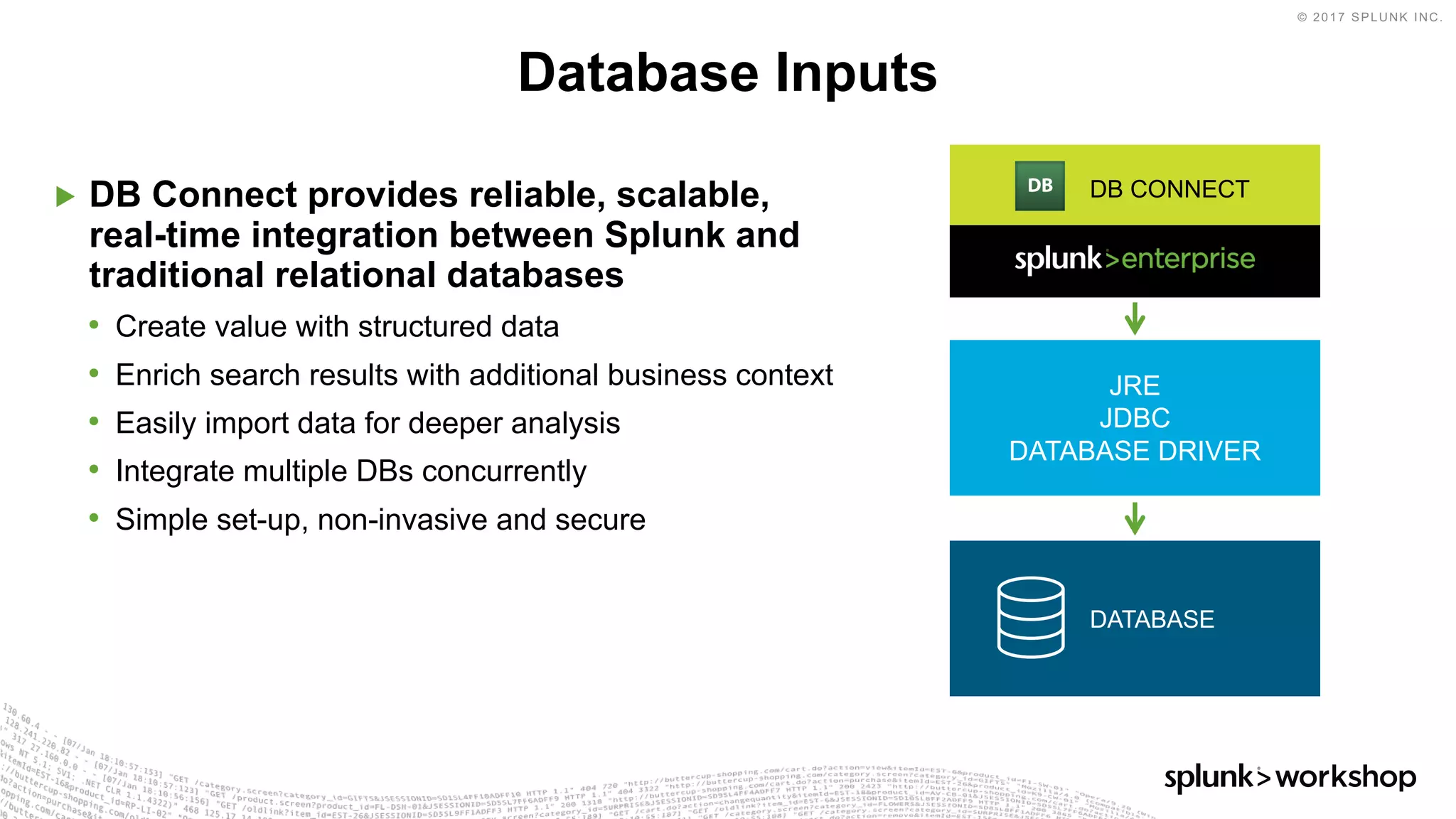 © 2017 SPLUNK INC.
▶ DB Connect provides reliable, scalable,
real-time integration between Splunk and
traditional relational databases
• Create value with structured data
• Enrich search results with additional business context
• Easily import data for deeper analysis
• Integrate multiple DBs concurrently
• Simple set-up, non-invasive and secure
Database Inputs
DB CONNECT
JRE
JDBC
DATABASE DRIVER
DATABASE
 