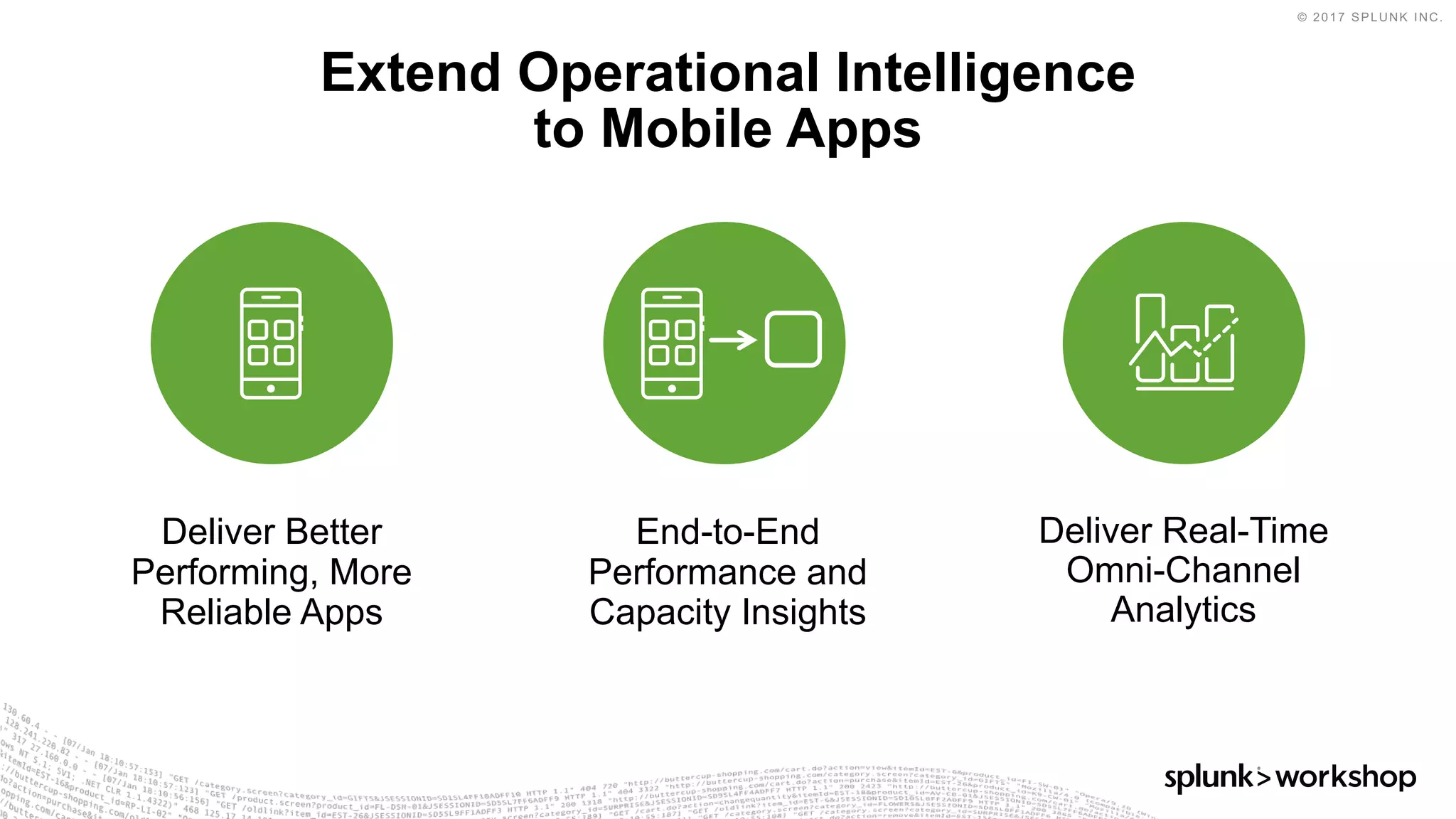 © 2017 SPLUNK INC.
​Deliver Better
Performing, More
Reliable Apps
​End-to-End
Performance and
Capacity Insights
​Deliver Real-Time
Omni-Channel
Analytics
Extend Operational Intelligence
to Mobile Apps
 