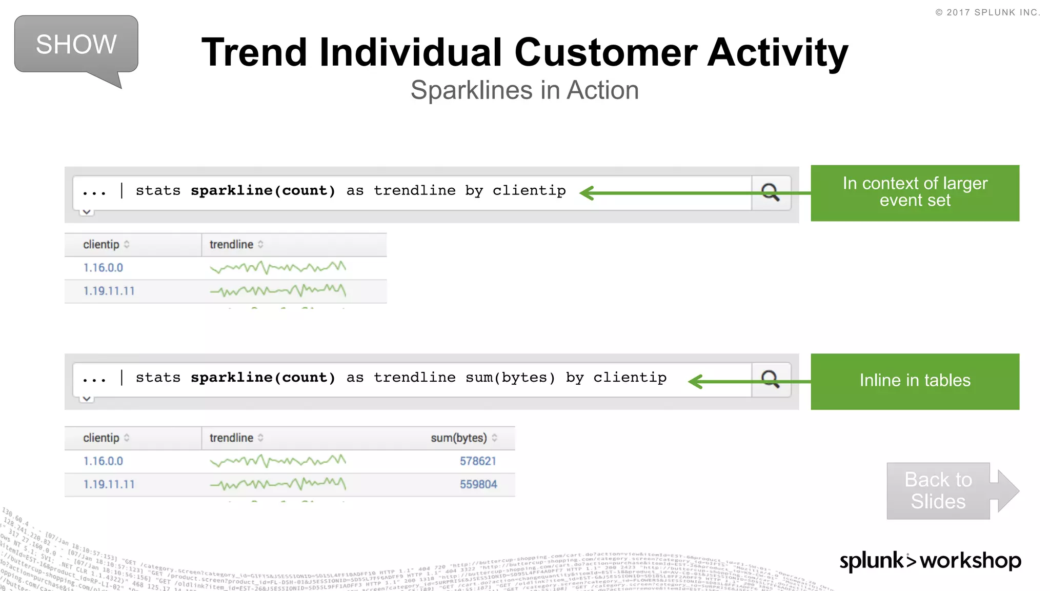© 2017 SPLUNK INC.
... | stats sparkline(count) as trendline sum(bytes) by clientip
Trend Individual Customer Activity
Sparklines in Action
... | stats sparkline(count) as trendline by clientip
SHOW
In context of larger
event set
Inline in tables
Back to
Slides
 