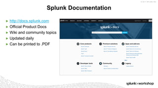 © 2017 SPLUNK INC.
▶ http://docs.splunk.com
▶ Official Product Docs
▶ Wiki and community topics
▶ Updated daily
▶ Can be printed to .PDF
Splunk Documentation
 