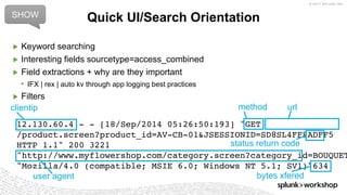 © 2017 SPLUNK INC.
12.130.60.4 - - [18/Sep/2014 05:26:50:193] "GET
/product.screen?product_id=AV-CB-01&JSESSIONID=SD8SL4FF8ADFF5
HTTP 1.1" 200 3221
"http://www.myflowershop.com/category.screen?category_id=BOUQUET
"Mozilla/4.0 (compatible; MSIE 6.0; Windows NT 5.1; SV1)"634
▶ Keyword searching
▶ Interesting fields sourcetype=access_combined
▶ Field extractions + why are they important
• IFX | rex | auto kv through app logging best practices
▶ Filters
Quick UI/Search OrientationSHOW
clientip method url
bytes xfered
status return code
user agent
 
