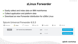 © 2017 SPLUNK INC.
▶ Easily collect and index data on IBM mainframes
▶ Collect application and platform data
▶ Download as new Forwarder distribution for s390x Linux
zLinux Forwarder
 