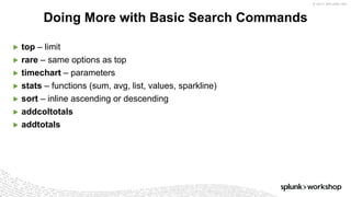 © 2017 SPLUNK INC.
▶ top – limit
▶ rare – same options as top
▶ timechart – parameters
▶ stats – functions (sum, avg, list, values, sparkline)
▶ sort – inline ascending or descending
▶ addcoltotals
▶ addtotals
Doing More with Basic Search Commands
 