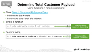 © 2017 SPLUNK INC.
▶ Show Search Command Reference Docs
• Functions for eval + where
• Functions for stats + chart and timechart
▶ Invoke a function
▶ Rename inline
... | stats sum(bytes) as totalbytes by clientip | sort - totalbytes
... | stats sum(bytes) by clientip | sort - sum(bytes)
Determine Total Customer Payload
Using functions + rename command
SHOW
Total payload by
customer - descending
Total payload by
customer - ascending
 