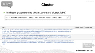 © 2017 SPLUNK INC.
▶ Intelligent group (creates cluster_count and cluster_label)
ClusterSHOW
Back to
Slides
... | cluster showcount=1 | table _raw, cluster_count, cluster_label
 