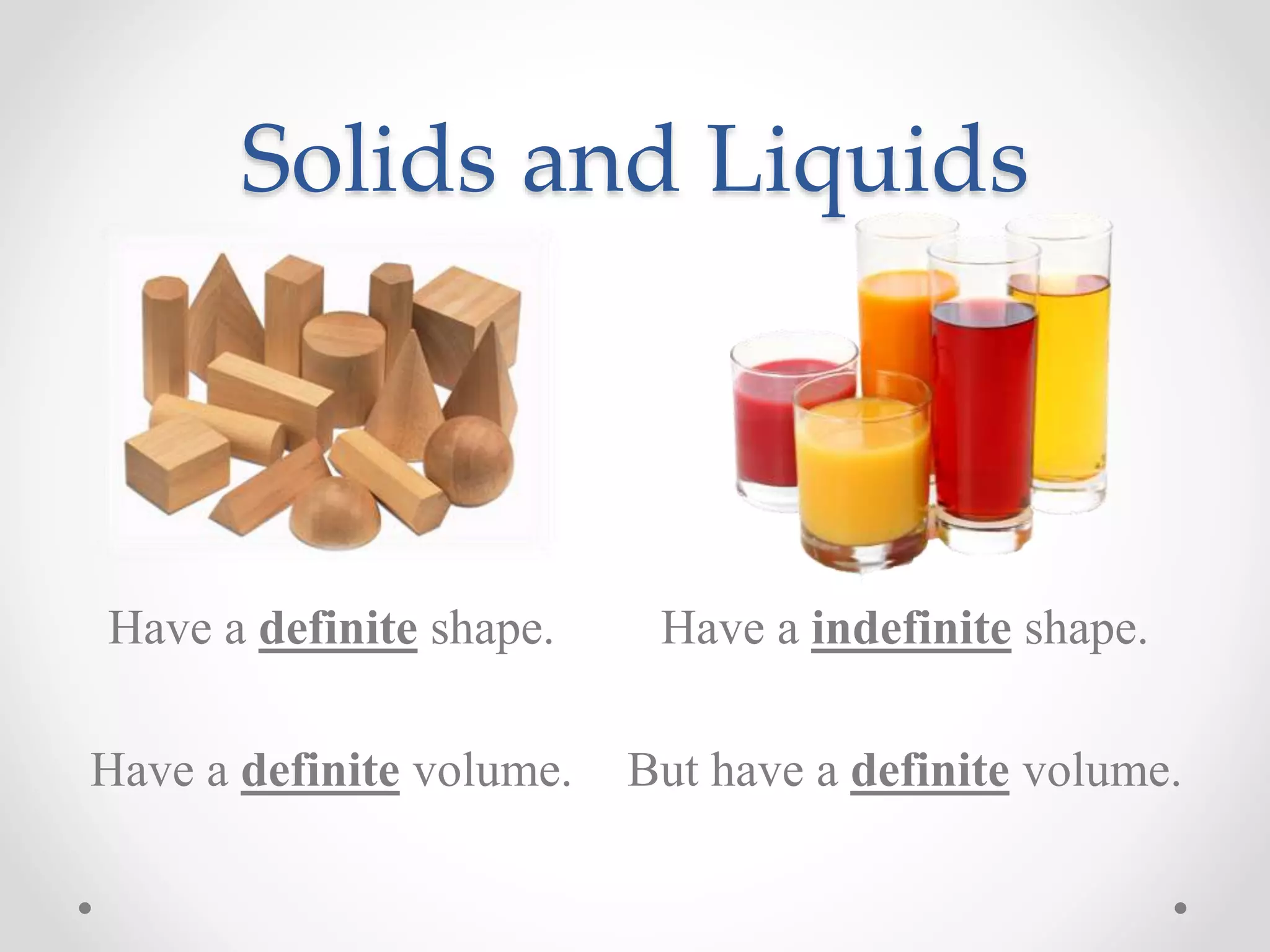 Solids and Liquids
Have a indefinite shape.
But have a definite volume.
Have a definite shape.
Have a definite volume.
 