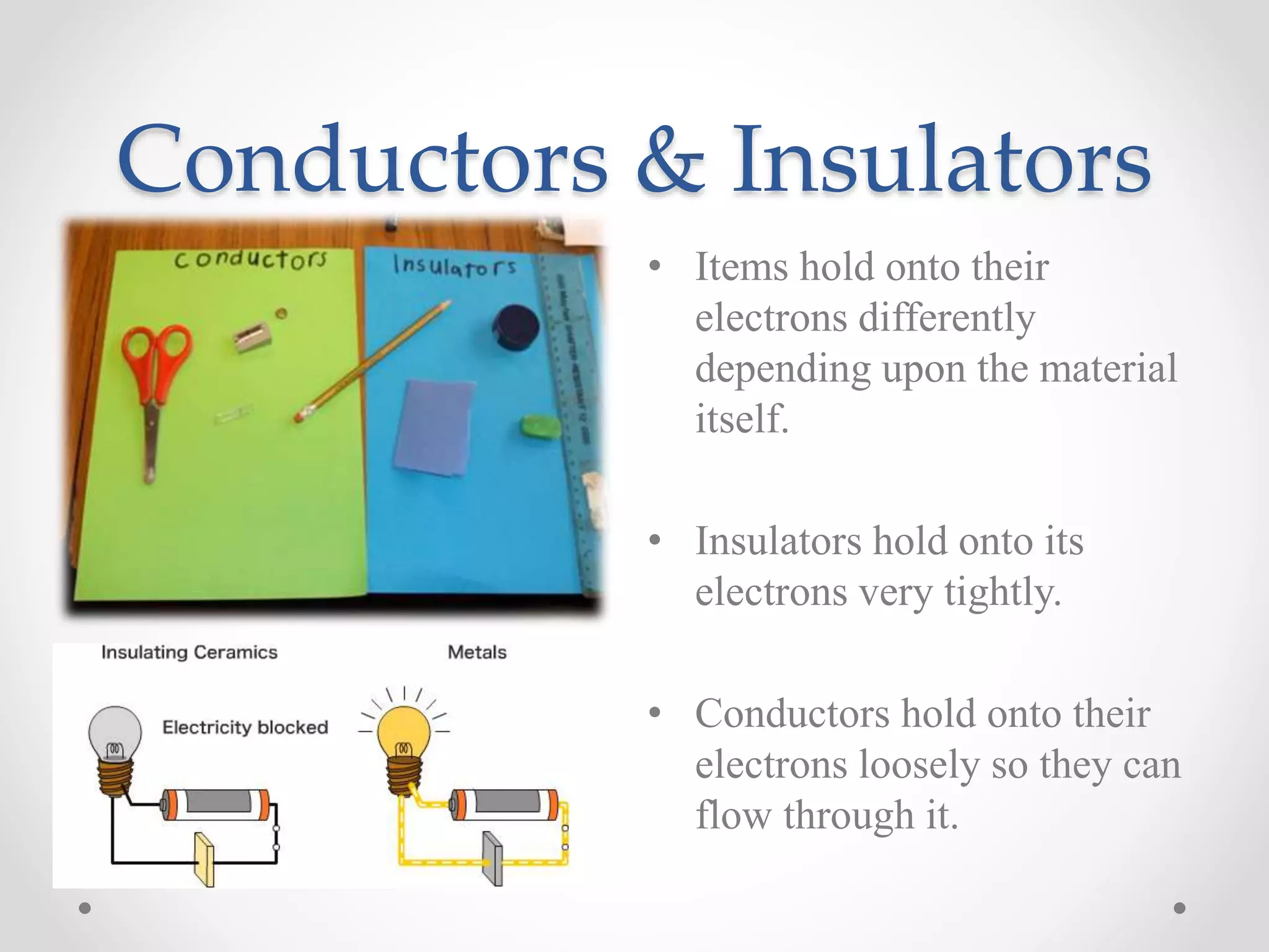 Conductors & Insulators
• Items hold onto their
electrons differently
depending upon the material
itself.
• Insulators hold onto its
electrons very tightly.
• Conductors hold onto their
electrons loosely so they can
flow through it.
 