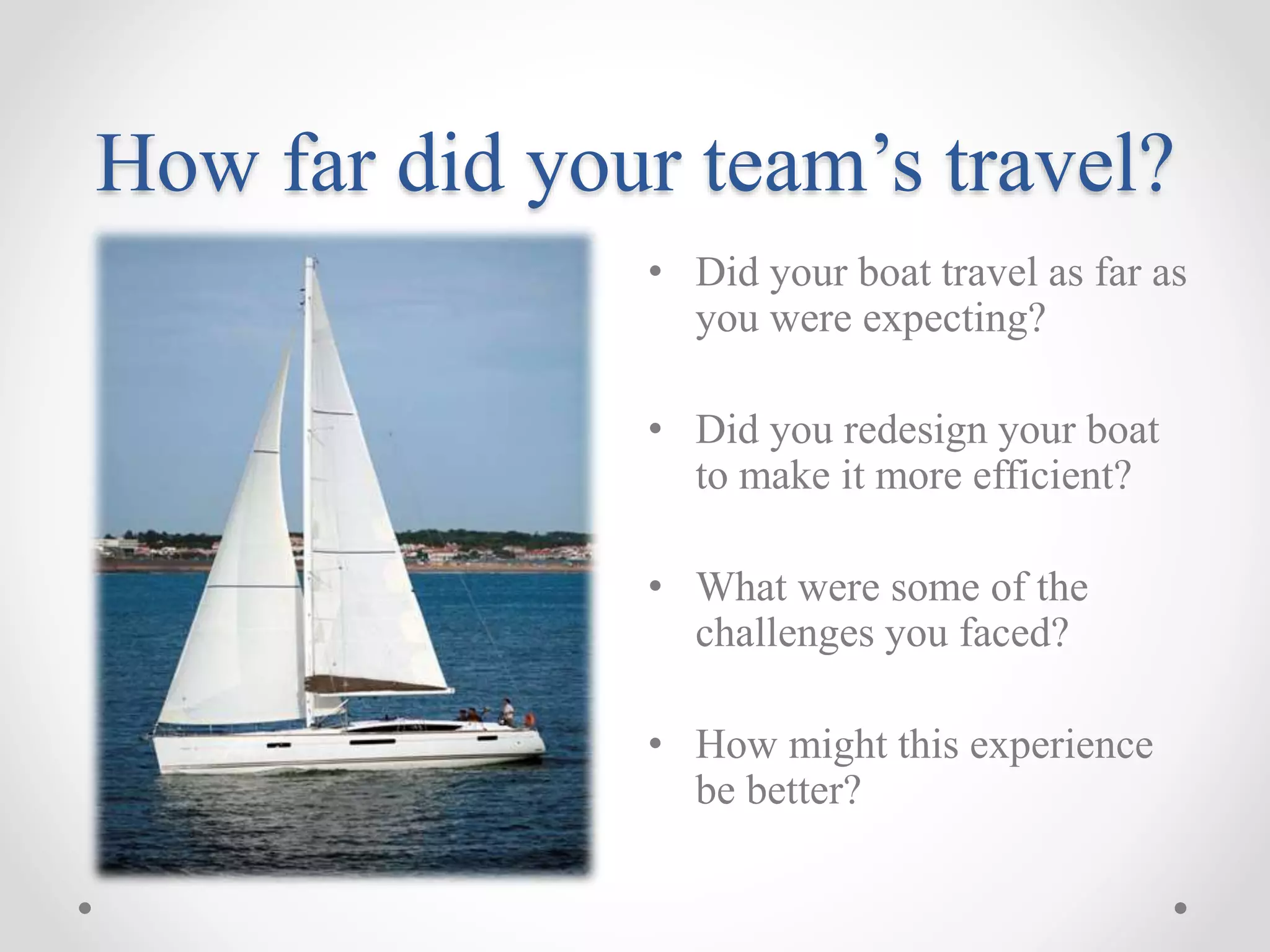 How far did your team’s travel?
• Did your boat travel as far as
you were expecting?
• Did you redesign your boat
to make it more efficient?
• What were some of the
challenges you faced?
• How might this experience
be better?
 